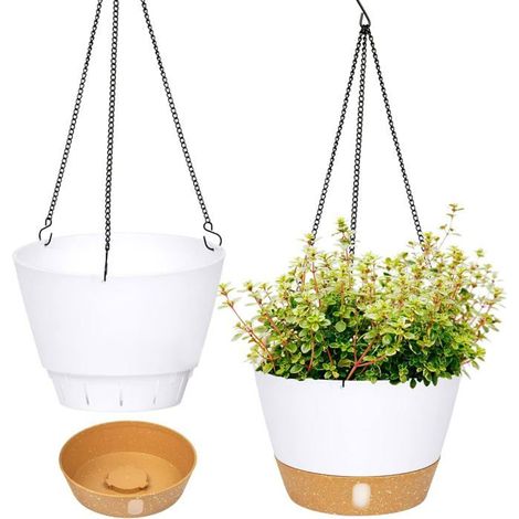 Lot de 2 jardinières suspendues blanches, 25 cm – pots en plastique avec trous de drainage, intérieur/extérieur (1/5)