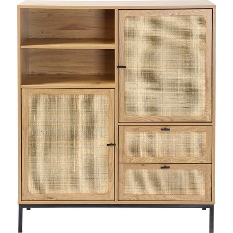 Calicosy – Buffet haut en rotin naturel – L100 x H40 x H120 cm – 2 portes, 2 tiroirs, 2 niches – Meuble en kit à monter soi-même