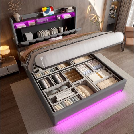 letto contenitore 160x200 con LED USB velluto grigio OKMYHOME (1/5)