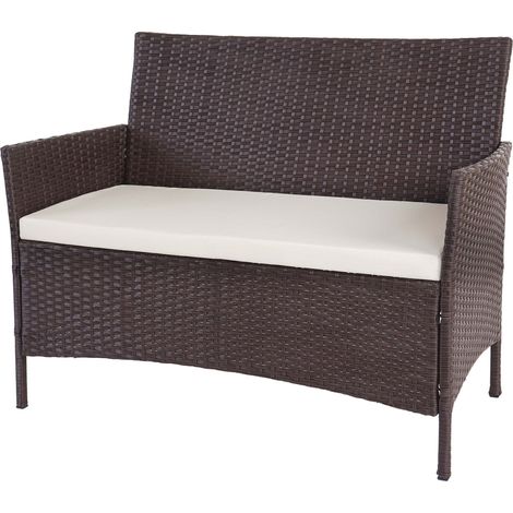 [JAMAIS UTILISÉ] Banc de jardin Halden en polyrotin, banquette, marron chiné, coussin crème