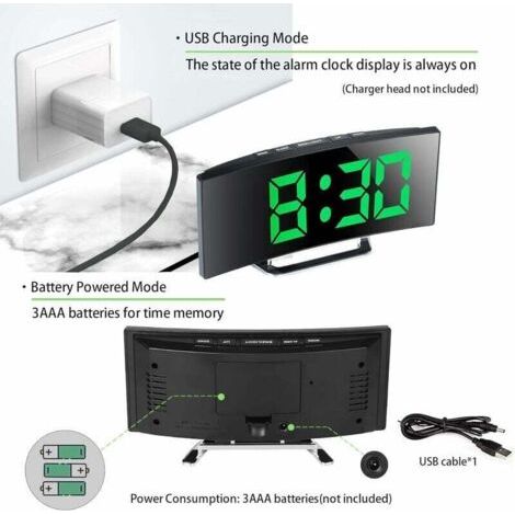 NALOOKAMIC Réveil numérique pour Chambres à Coucher, écran Miroir 7'' LED, 2 luminosités, 12/24H, température, Date, veilleuse, répétition, Chargement USB par (Vert/Piles non incluses)