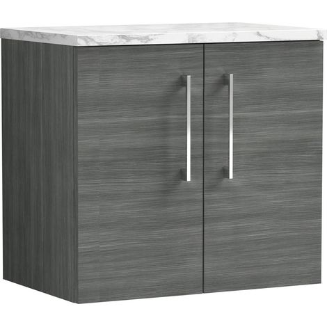 Nuie Arno Wall Hung 2-Door Vanity Unit with Carrera Marble Worktop 600mm Wide - Anthracite Woodgrain (1/4)