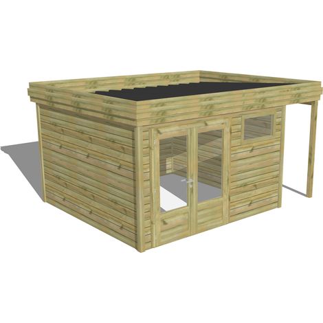 ABRI DE JARDIN bois Pin autoclave 27mm - 4,44x3,44m / 15,3m2 - Bac acier - Abri Français (1/5)