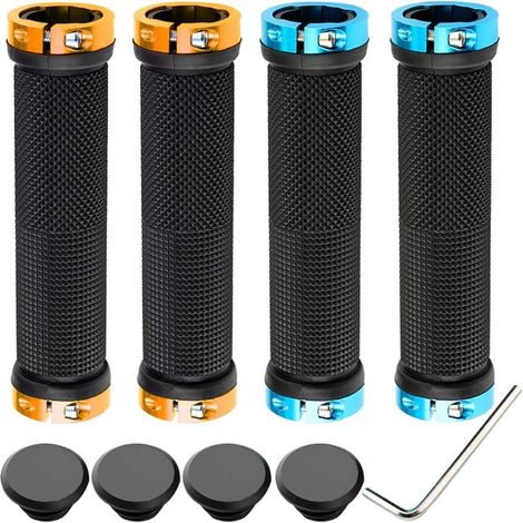 2 Paire Premium Poignées de Vélo, Poignée de Velo Ergonomique, Poignée de Guidon de Vélo en Caoutchouc Antidérapant, Poignée VTT Poignée BMX, Protecteur de Guidon de Vélo (Doré + Bleu) (1/5)