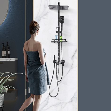 Système de douche, douchette chaude et froide avec écran d'affichage, ensemble de douche avec panier suspendu Douche à effet pluie, système de douche avec douchette à main, noir (1/5)