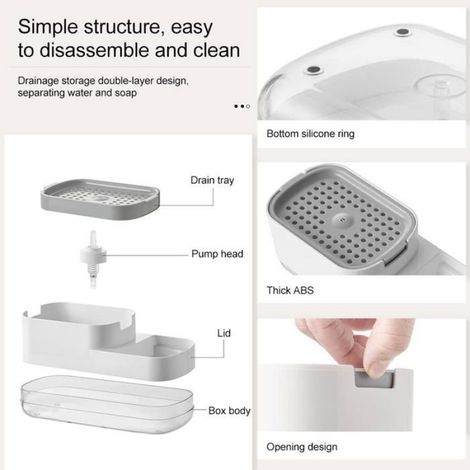 Distributeur de savon à vaisselle,distributeur de liquide vaisselle 2 en 1 avec porte-éponge,équipé d'une éponge et adapté (blanc) (1/4)