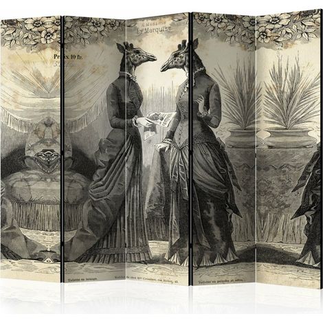 Paravent Conversation II : Élégance Vintage à 5 Volets - Beige et Noir (1/5)