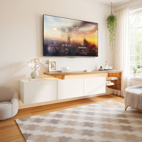 TV Lowboard mit LED und USB, TV-Schrank mit 2 offenen Fächern, modern TV - Table mit hohler Oberplatte, Für Wohnzimmer, Esszimmer und Schlafzimmer, Weiß, 200 x 39 x 42 cm (1/5)