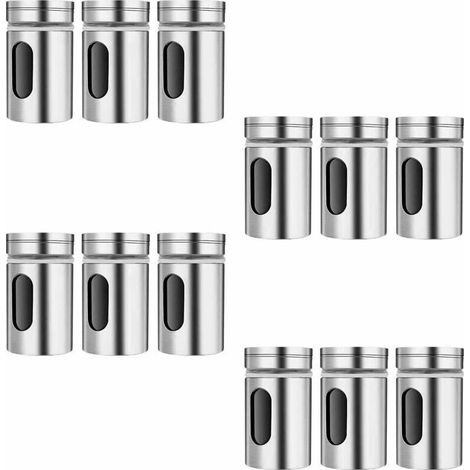 Un ensemble de 12 petits pots à épices ronds en verre (80 ml chacun) avec couvercles en acier inoxydable - parfaits pour conserver le sel, le poivre, les épices et autres assaisonnements de cuisine.