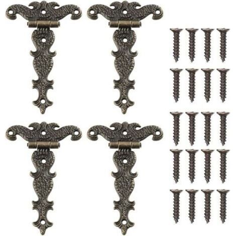 4 Pcs Charnières Vintage Décoratives Sculptées en Bronze Charnière Meubles en Forme de T pour Porte de Placard Boîte à Outils avec Vis