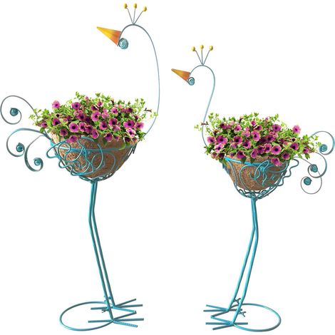 Lot de 2 supports de fleurs en métal - Bleu - Avec 2 tapis en coco - Pour l'intérieur et l'extérieur - Étagère décorative pour salon, balcon, terrasse et jardin (1/5)
