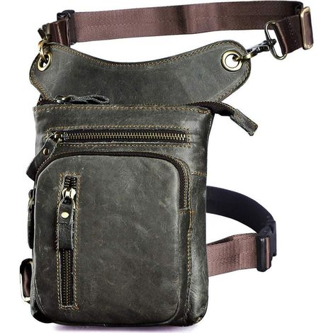 Herren Leder Motorrad Hüfttasche Umhängetasche Drop Leg Bag Grau (1/5)