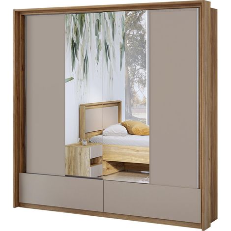 Kleiderschrank mit 2 Türen und Spiegeln, 2 Schubladen, Kleiderstange und 5 Regalen in Eichen- und Beigefarben. (1/5)