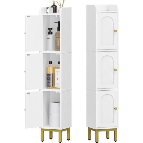Meuble de Salle de Bain, Armoire de Salle de Bain étroite, 4 Pieds Réglables, Étagères Réglables, Baffle Supérieur, 3 Portes, Adaptée aux Espaces Réduits, 20 x 20 x 108,5 cm, Blanc (1/5)