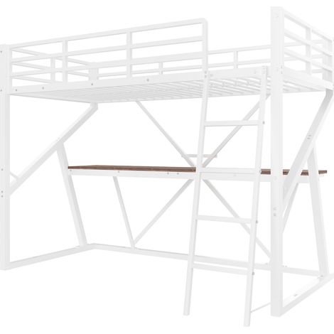Cama alta infantil 90 x 200 cm de metal blanco con escritorio, LED, escalera y barandilla (1/5)