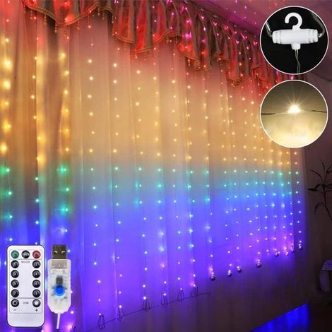 Cortina de luces LED, Incluye control remoto, Con gancho, 8 funciones, 300 LED, 3x3m, Cortina de luces, fiestas, jardín, Iluminación ambiental (1/5)