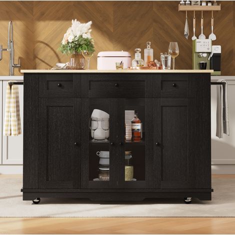 Isla de cocina plegable 151,5 x 60 x 91,7 cm con encimera efecto madera, negra DESVIAE (1/5)