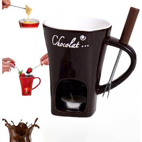 Mug à fondue au chocolat - tasses à fondre le chocolat - chauffe-tasse à fondue au chocolat avec fourchette - caquelon à fondue au fromage en céramique style rétro - mini tasses à mijoter - marron (1/5)