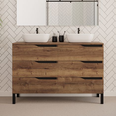 Meuble de salle de bain 120cm avec plateau et deux vasques à poser zeus - 6 tiroirs - sans miroir - tabaco (chêne foncé) - MATA (1/4)