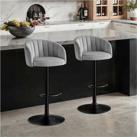 Barhocker 2er Set höhenverstellbar mit Lehne und Armlehne, drehbar, Milchsamt, Grau (1/5)