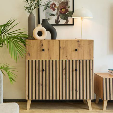 Credenza Lenema, Madia 2 Ripiani, 2 Cassetti, 4 Vani, 91x42x95h cm Marrone Rovere (1/3)