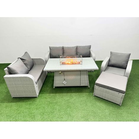 Fimous Patio PE Wicker 7 Seater Outdoor Rattan Furniture Sofa Sets with Firepit Dining Table Reclining Chair Loveseat Sofa 3 Seater Sofa Big Footstool Light Grey (1/4)