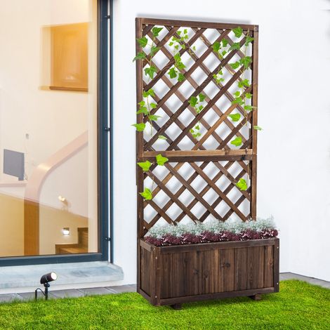 Pflanzkübel mit Rankgitter aus Holz, Gartenblumentopf mit Rankhilfe, 72,5 x 31,5 x 149,5 cm, karbonisiert