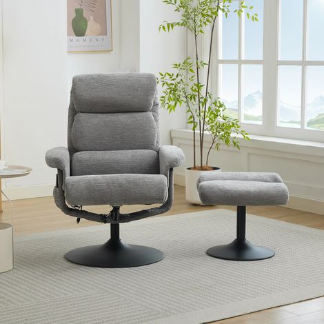 Relaxsessel mit Liegefunktion und 5-Punkte-Massage, Fernsehsessel mit elektrischer Heizfunktion und Hocker, 360° drehbar, Chenille-Stoff Grau