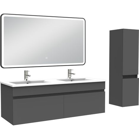 Ocean Meuble double vasque 120cm avec colonne + miroir lumineux anthracite