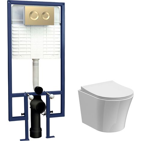 Baswich Contemporary Round Wall Hung Toilet Pan and Seat with Concealed Cistern and Flush Plate with Round Buttons - White/Brushed Brass