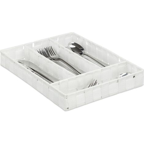Relaxdays Rangement à couverts, compartiments de tiroirs avec 4 blocs, les ustensiles de cuisine, 4,5x26x36 cm, blanc