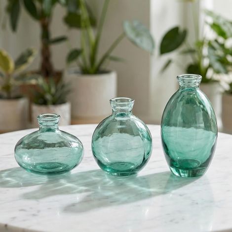 Set mit 3 Mini-Vintage-Glasvasen, kleine Blumenvasen, Mini-Vasen-Dekorationsset in verschiedenen Größen, Hochzeitsdekoration, transparent (grün) (1/5)