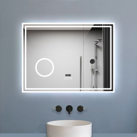 Aica Miroir de salle de bain LED 100x60cm Tricolor anti-buée avec bluetooth simple, horloge et miroir grossissant 3x