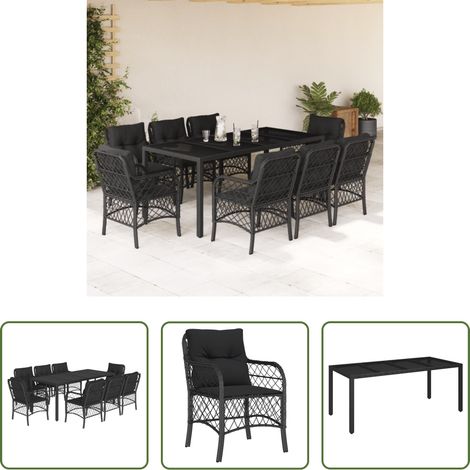 Gartenessgruppe - 9-tlg. Garten-Essgruppe mit Kissen Schwarz Poly Rattan (1/5)