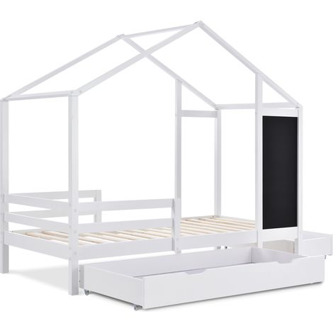 Lit enfant maison 90x200, lit bois avec tableau et 2 tiroirs, bois massif avec barrière et sommier, blanc, sans matelas (1/5)