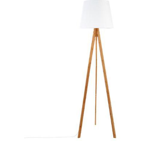 Lampadaire trépied, lampadaire en polyester coloris blanc, pieds en bambou coloris naturel - diamètre 50 x Hauteur 160 cm (1/3)