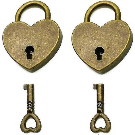 Mini cadenas anciens de style vintage, avec clé, couleur bronze, lot de 2, en forme de cœur