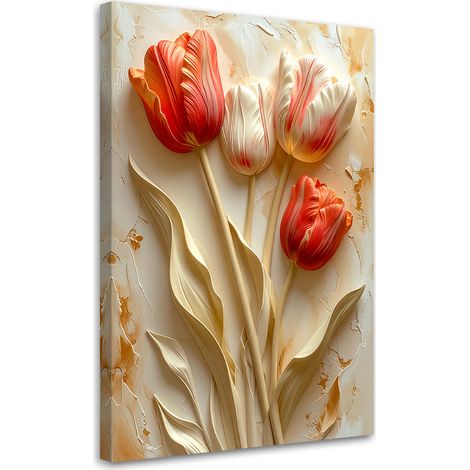 Quadro su tela, Tulipani rossi e color crema in una composizione decorativa tridimensionale. - 40x60 (1/2)