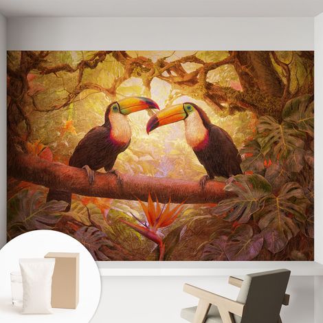 Tapete Vliestapete mit Kleber - abwaschbar - Tapete mit Motiv - trendige Wanddeko - elegant Fototapete Bunte Tukane 152x104 cm (1/5)