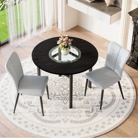 Ensemble de salle à manger rond MDF noir et verre avec 2 chaises en PU gris clair, table Ø100 cm, pieds métal noirs (1/5)