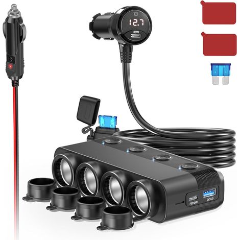 4 Prise Chargeur Allume Cigare Adaptateur 300W Double PD 30W et QC 3.0 12V-24V Prise USB de Voiture avec Interrupteur Indépendant et Voltmètre LED pour Tous Les Appareils de Voiture (1/5)