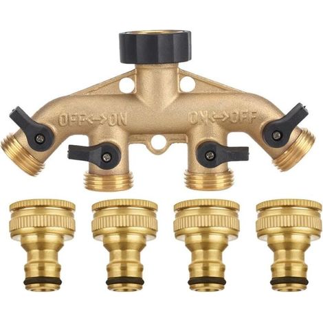 Sdoppiatore per tubo flessibile a 4 vie in ottone massiccio con valvole di intercettazione, rubinetto e uscite da 3/4", può utilizzare fino a 4 tubi flessibili contemporaneamente. (1/5)