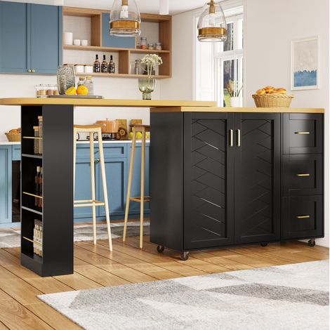 Carrello bar allungabile nero, 2 ante, 3 cassetti, piano effetto legno, 135-228 x 39 x 104 cm (1/5)