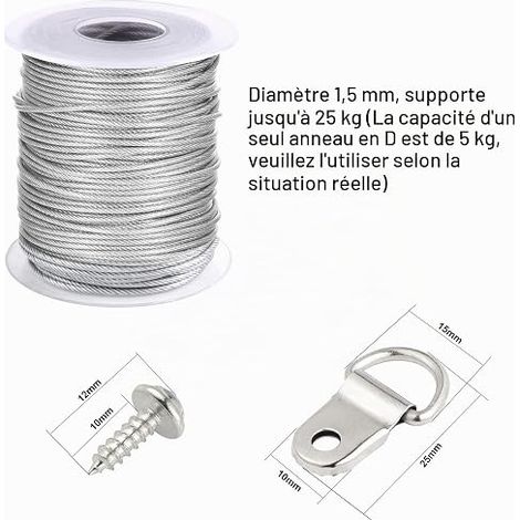 Photo Hangers Kit Picture Hooks 1.5 mm x 30 m Photo Frame Hanging Wire 304 Stainless Steel Wire Spool 30 Pcs Aluminium Folding Buckle Sleeves and 15 Sets D-Ring (1/4)