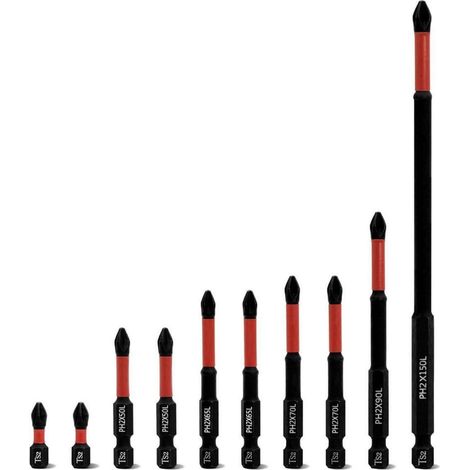 PH2 Schraubendreher Bits Set 10tlg. 1/4 Zoll Sechskant S2 Stahl Längen 25-150mm (1/5)