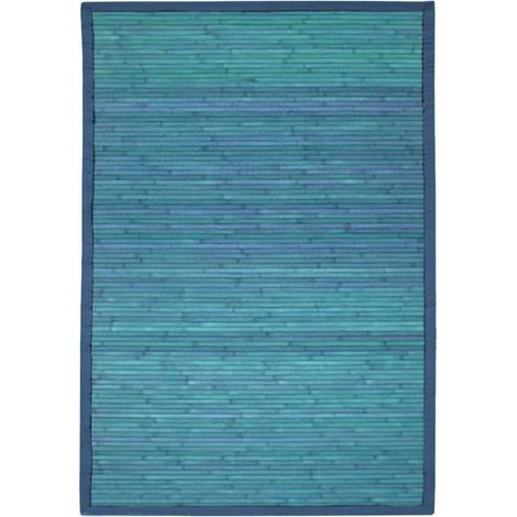 Tapis salon en bambou 120x180 cm – Larges lattes 100% végétales – Envers antidérapant – Bordure en coton bleu – Thedecofactory