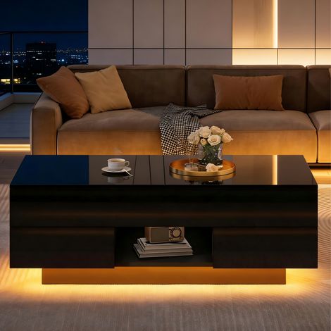 Tavolino rialzabile rettangolare 100x45x43 cm, finitura nera lucida, in truciolare, con LED, 2 cassetti