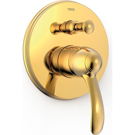 TRES 24218001OR TRES CLASIC Grifo Monomando Empotrado De 2 Vías para Bañera y Ducha Color Oro 24K - ref: 24218001OR