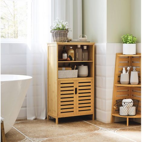 Badmöbel aus Bambus im Landhausstil Natur 50 x 29 x 92 cm mit 2 offenen Fächern und Doppelschrank (1/5)