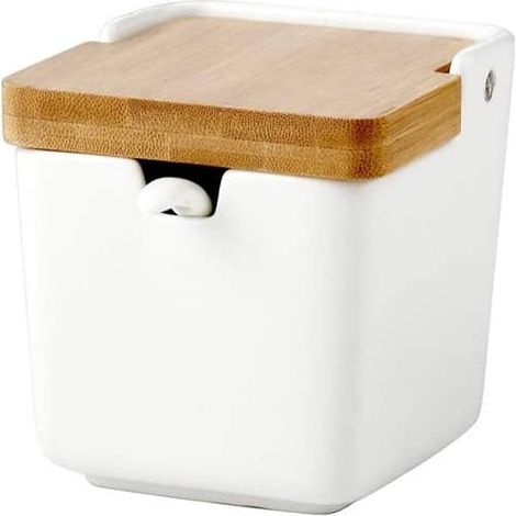 Azucarero de cocina de ceramica con tapa de bambu  Blanco (1/3)